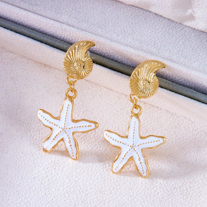 Ocean Series Conch Starfish Dangle Earrings for Women Summer Beach Asymmetrical Metal Enamel Earring Girls Party Jewelry Gift