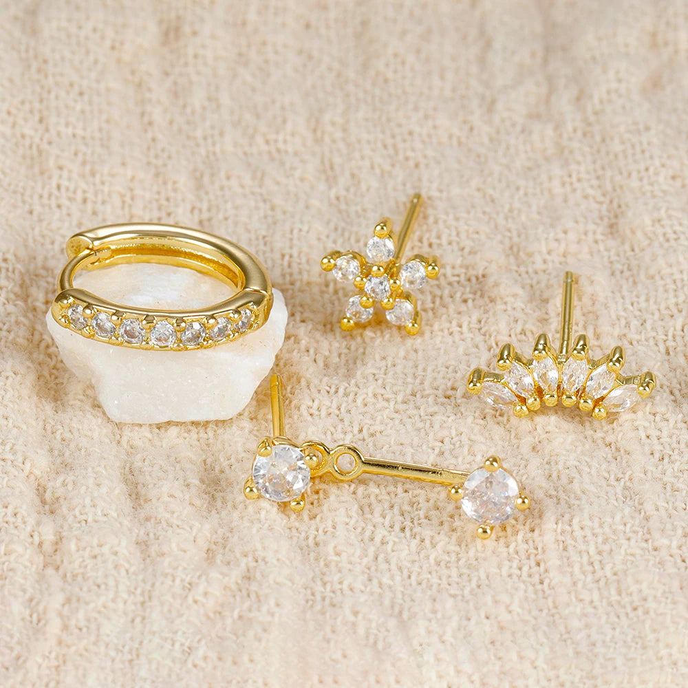 4PCS Stainless Steel Circle Huggie Hoop Earrings Set for Women Gold Color Unique Zircon Flower Stud Earring Piercing Jewelry