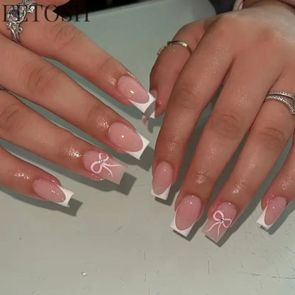 24Pcs Simple Square Head Fake Nail with Jelly Glue Pink White Gradient French Press on False Nails Short Full Cover Nail Tips