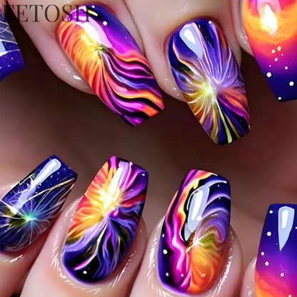 24Pcs Dark Blue Glossy Press on Nails Square False Nail with Glue Color Blending Acrylic Fake Nails Wearable Full Cover Nail Tip