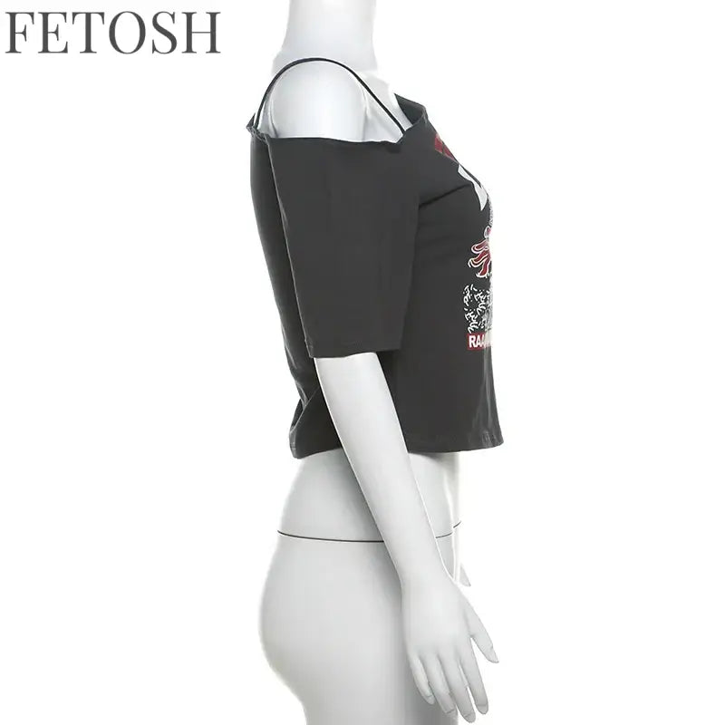 Gothic Tee Y2k Letter Print Off Shoulder Punk T-shirts Women Harajuku Summer Streetwear Grunge T Shirt Aesthetic Sexy