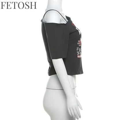 Gothic Tee Y2k Letter Print Off Shoulder Punk T-shirts Women Harajuku Summer Streetwear Grunge T Shirt Aesthetic Sexy Crop Tops
