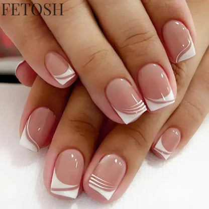 24Pcs Simple Square Head Fake Nail with Jelly Glue Pink White Gradient French Press on False Nails Short Full Cover Nail Tips