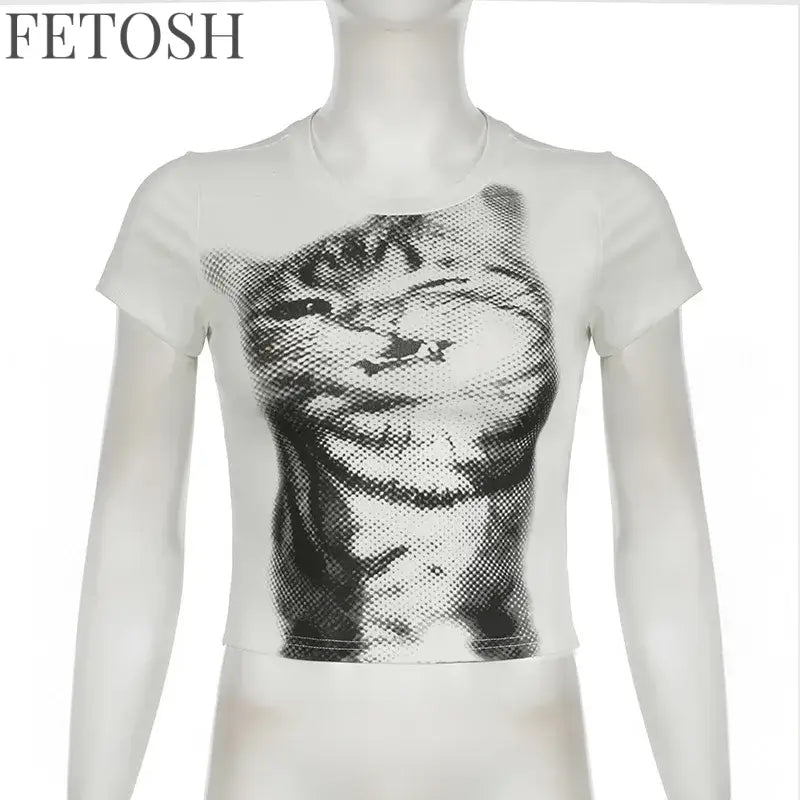 Harajuku Animal Print Crop Top Basic White Short Sleeve Crewneck T-shirt Women Casual Slim-fitting Tees Lady y2k Vintage
