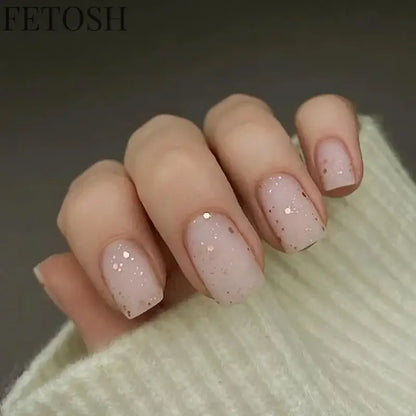 24Pcs Shiny Pearl Wearable False Nails Short Square Fake Nail Simple Summer Press on Nails Detachable Full Cover Nail Tips