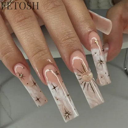 24Pcs 3D Long Ballet False Nails White Coffin Wave with French Design Wearable Fake Nails Gold Line Full Cover Press on Nails