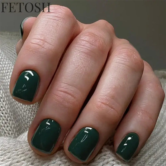 24Pcs/Set French Short Dark Green Press on Nail Art Full Coverage Removable Wearing False Nails Tips Adhesive Acrylic Fake Nails