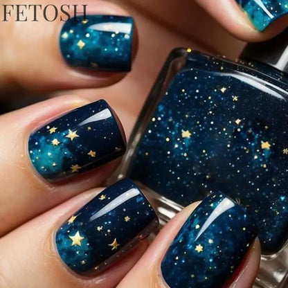 24Pcs Dark Blue Glossy Press on Nails Square False Nail with Glue Color Blending Acrylic Fake Nails Wearable Full Cover Nail Tip