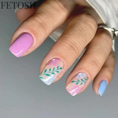 24Pcs Simple Square False Nails Short French Fake Nails Press on Colorful Flowers Design Full Cover Nail Tips Manicure Tools