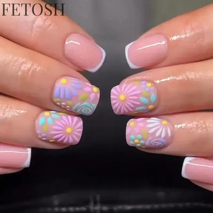 24Pcs Simple Square False Nails Short French Fake Nails Press on Colorful Flowers Design Full Cover Nail Tips Manicure Tools