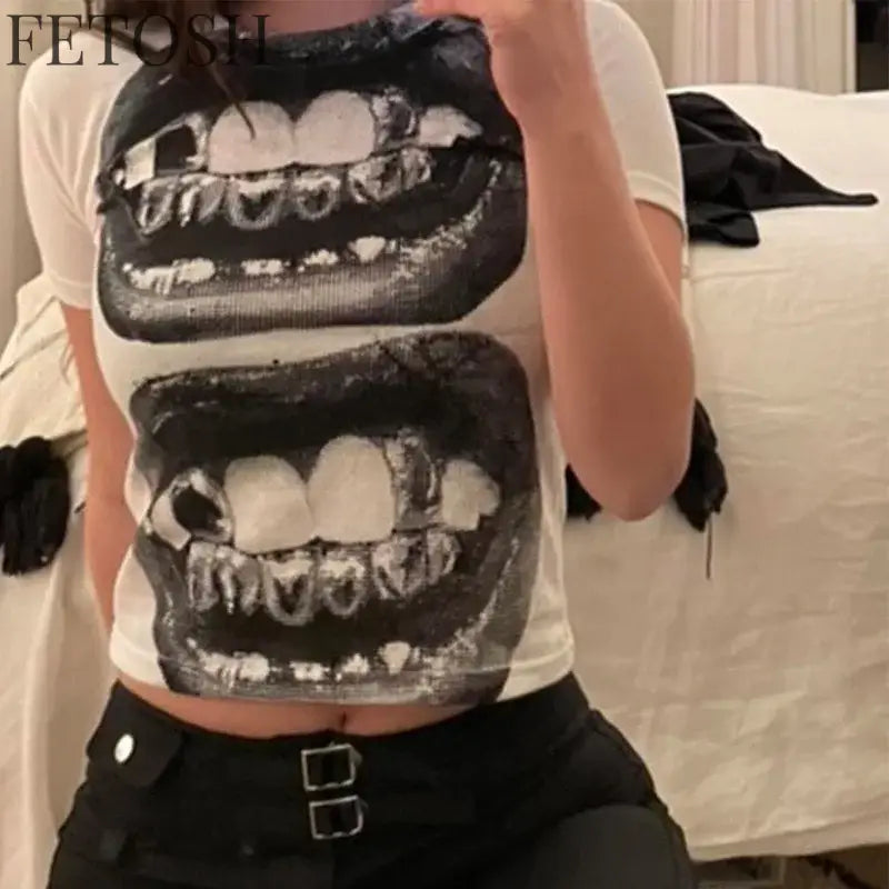 Punk Y2K Baby Short Sleeve Top Gothic Street T-shirt Women’s Leisure Basic T-shirt Women’s 2024 Summer Top E Girls’