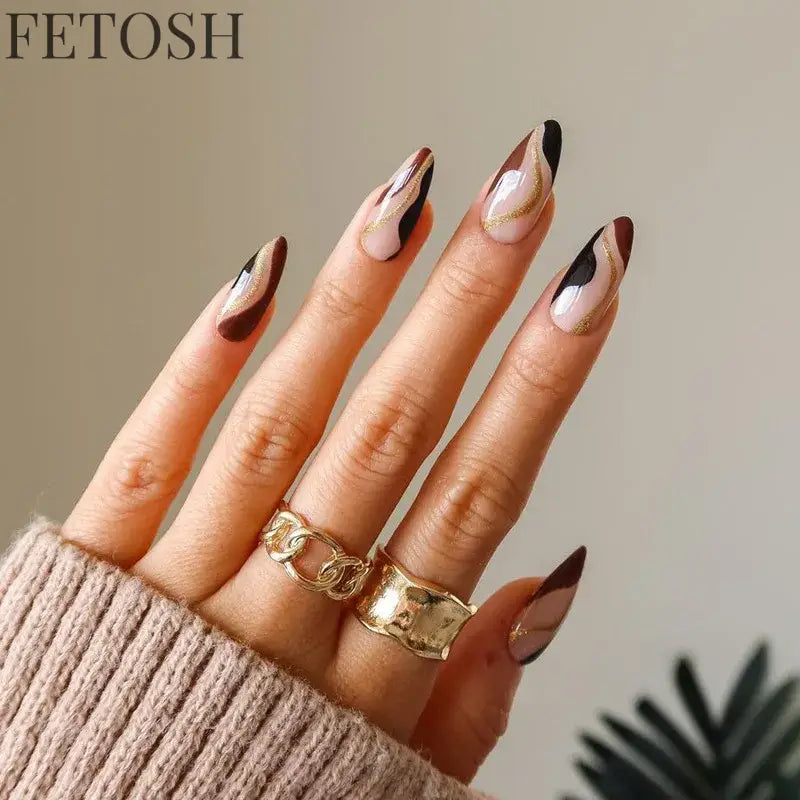 24Pcs Simple Green French False Nails Short Almond Fake Nails with Wave Line Design Wearable Round Head Press on Nail