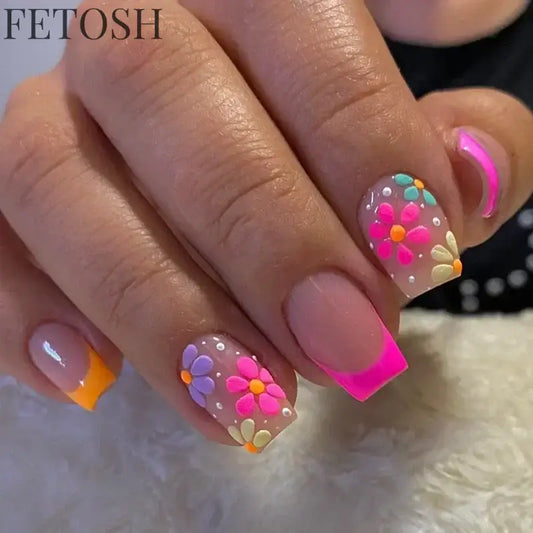 24Pcs Simple Square False Nails Short French Fake Nails Press on Colorful Flowers Design Full Cover Nail Tips Manicure Tools