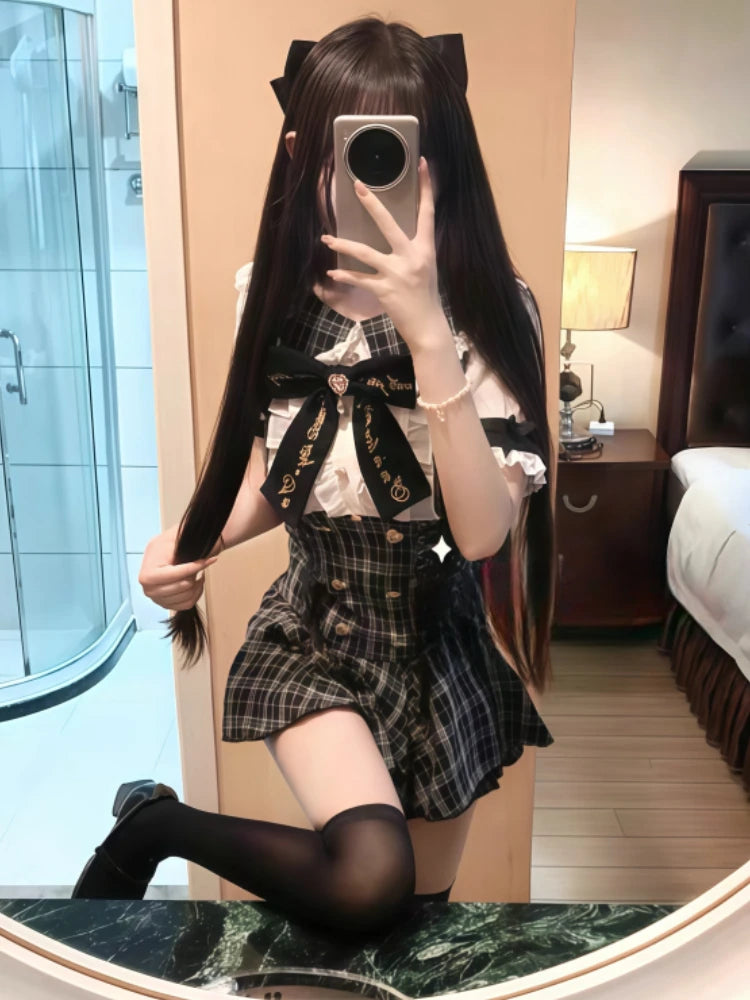 2025 Japanese Sweet Lolita Kawaii Dress Women Spring Printed Bow Fake Two Piece Dress Female Korea Style Design Party Clothing