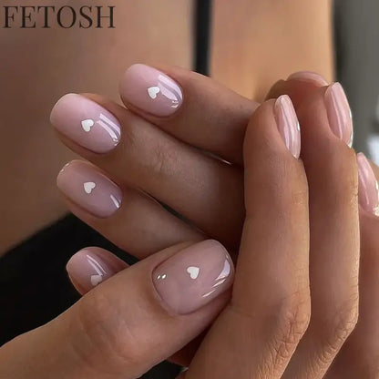 24Pcs Simple Square Head Fake Nail with Jelly Glue Pink White Gradient French Press on False Nails Short Full Cover Nail Tips