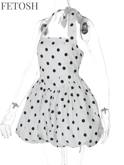 Polka Dot Halter Strapless Dress Women Elegant Sleeveless Backless Waist Cinching Ball Gown Fashion Chic Ladies Evening Dresses