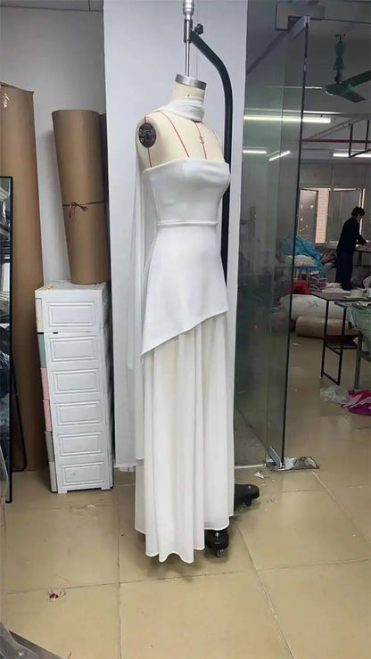 Mozision Elegant Strapless Sexy Maxi Dress For Women Gown With Scarf Off-shoulder Sleeveless Backless Split Beach Long Dress