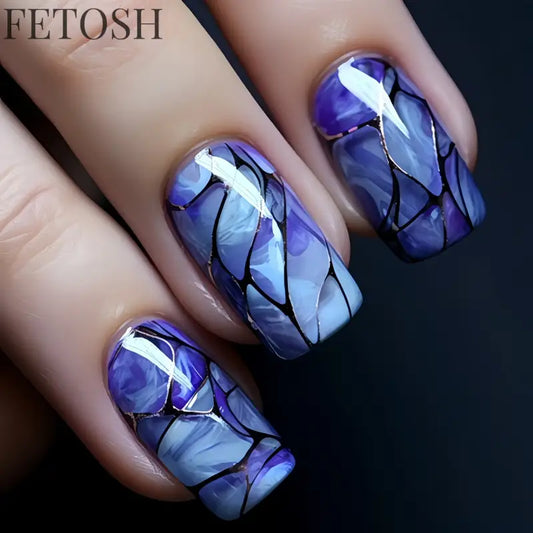 24Pcs Dark Blue Glossy Press on Nails Square False Nail with Glue Color Blending Acrylic Fake Nails Wearable Full Cover Nail Tip