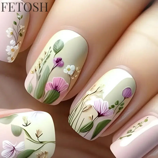 24Pcs Sweet Countryside Flowers False Nails Coffin with Jelly Glue Simple Flower Butterfly French Short Removable Wearable Nails