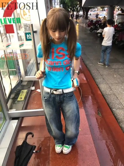 Karrram Japanese Y2k Letter Print T-shirt Trashy 2000s Style Crop Top Vintage Harajuku Short Sleeve Tee Shirt American Retro 90s