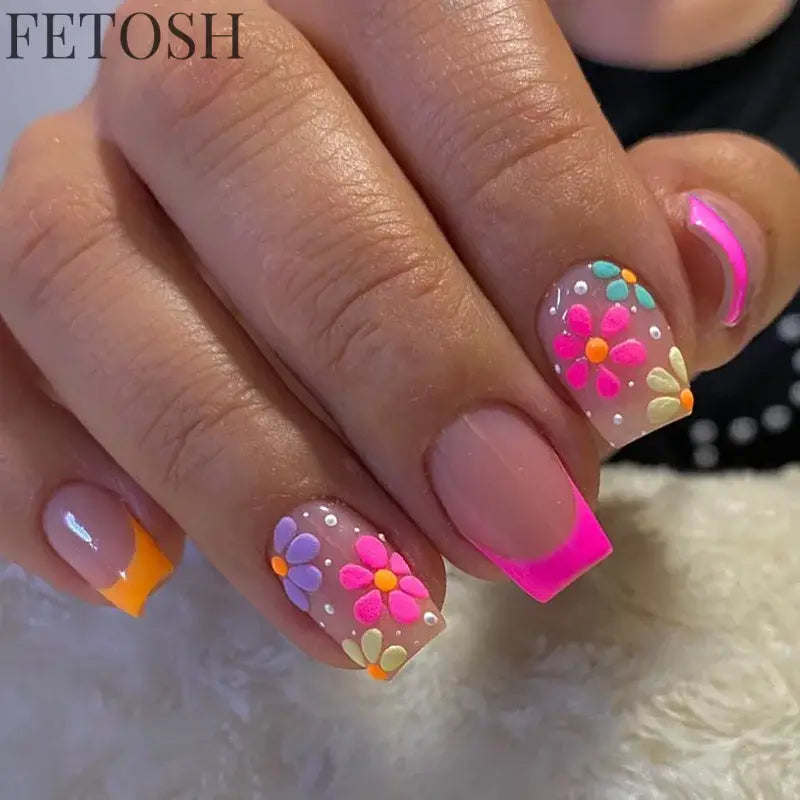24Pcs Simple Square False Nails Short French Fake Nails Press on Colorful Flowers Design Full Cover Nail Tips Manicure