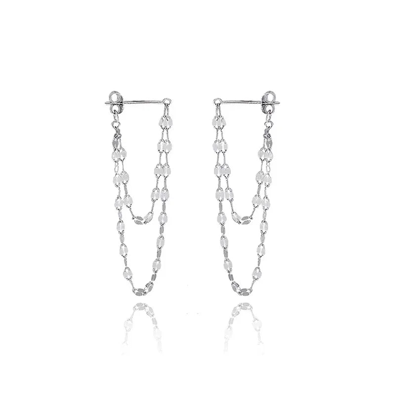 VOQ Silver Color Lip O Chain Tassel Earrings Women's Rear Hanging Double Chain Earrings Summer Beach Party Jewelry