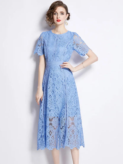 JAMERARY Vintage Holiday Lace Hollow Out Prom Dress For Women's Summer Slim Elegant Short Sleeve Long Dress Female Clothing