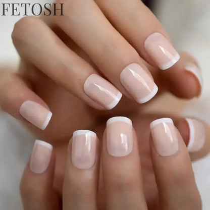 Classical Normal Size French Nail Nude White Tip Glossy Press On Fingernals for daily with glue sticker 24
