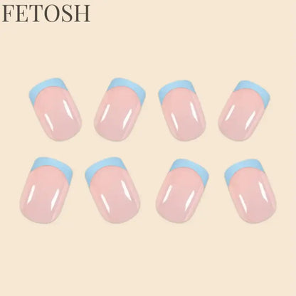 24Pcs/Set Women Girls Short French Light Blue Pink Dual Color Glossy Surface Full Coverage Wearable Fake Nail Press on Nail Art