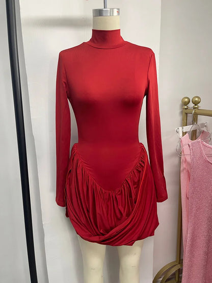 Tossy Backless Pleated Skinny Mini Dress Fashion Long Sleeve High Waist Patchwork Solid Elegant Party Dress Women Bandage Dress