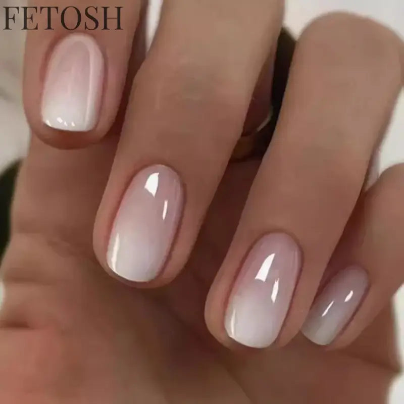 Glossy Press on Nails Set Short Oval Shiny Gradient French Nail Art Design Reusable Full Cover Fake Nails with Glue for Girls