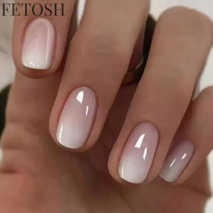 Glossy Press on Nails Set Short Oval Shiny Gradient French Nail Art Design Reusable Full Cover Fake Nails with Glue for Girls