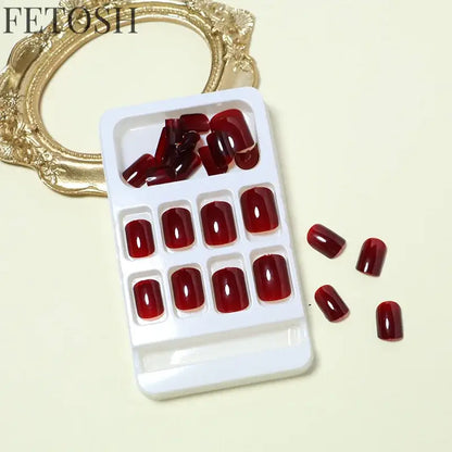 24Pcs Solid Color Wine Red Design Press on Nail Short Square False Nails Simple Detachable Finished Full Cover Nail Tips