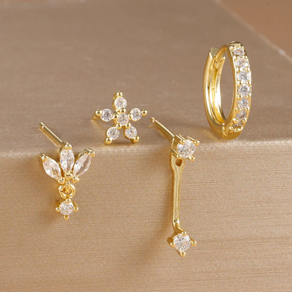 4PCS Stainless Steel Circle Huggie Hoop Earrings Set for Women Gold Color Unique Zircon Flower Stud Earring Piercing Jewelry