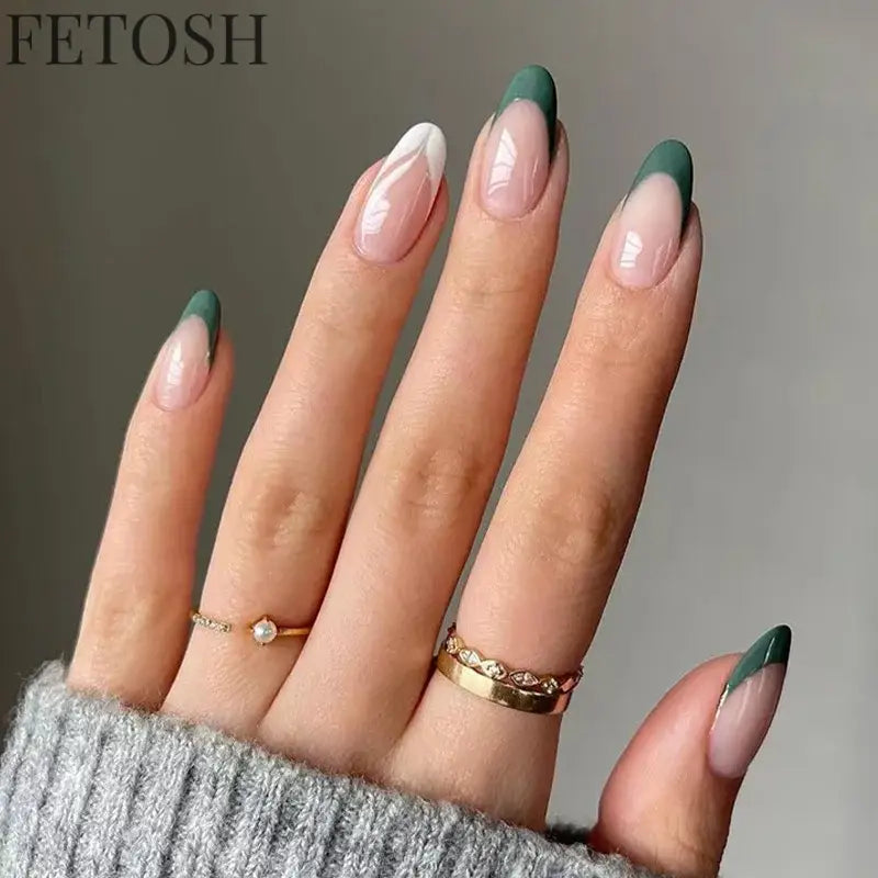 24Pcs Simple Green French False Nails Short Almond Fake Nails with Wave Line Design Wearable Round Head Press on Nail