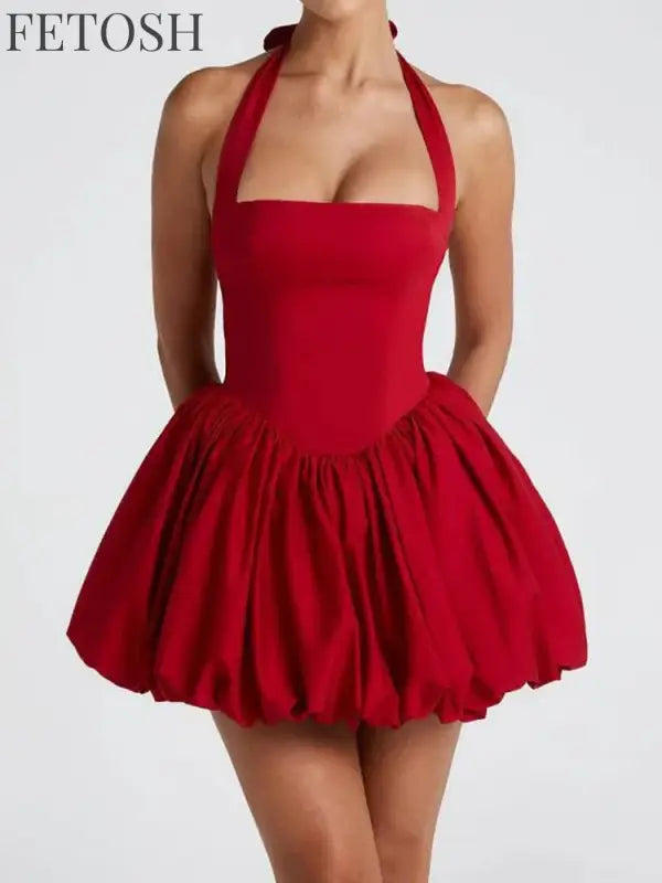 FSMG Sexy Solid Sleeveless Backless Halter Short Skirt Fashion Bow High Waist Slim A-line Dresses Summer Evening Party Vestidos
