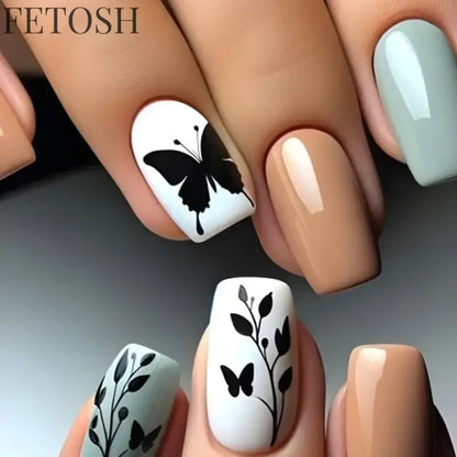 24Pcs Sweet Countryside Flowers False Nails Coffin with Jelly Glue Simple Flower Butterfly French Short Removable Wearable Nails