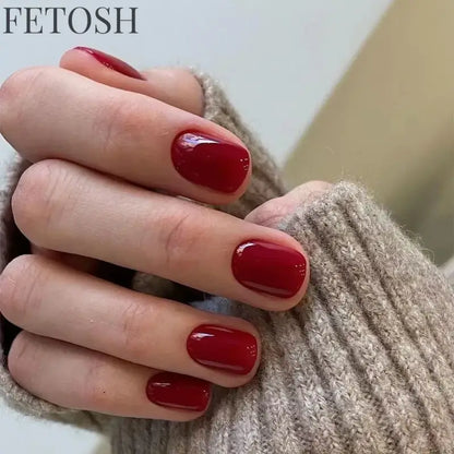 24pcs Crystal Cat Eye False Nails with Glue Short Square Press on Nails Shiny Red Jewel Nail Solid Color Fake Nails Minimalis