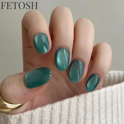Sparkling Pink Blue Green Gem Cat Eye Nail Art Fashion Glossy Fake Nail Detachable Finished False Nails Press on Nails with Glue