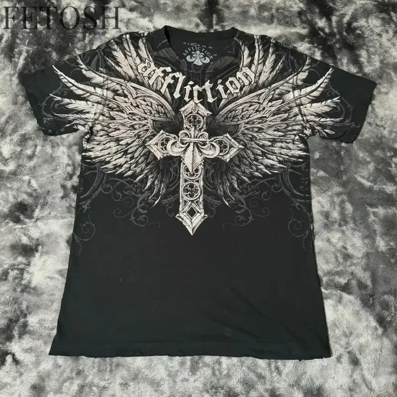 Y2K Affliction T Shirt Vintage Clothing Punk Hip Hop Graphic Print Oversized T shirt Women Round Neck Cotton Short
