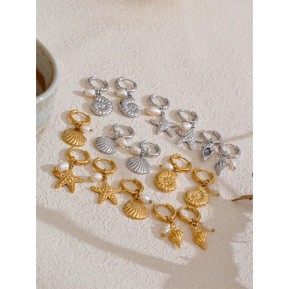 Yhpup Ocean Style Natural Pearl Conch Shell Starfish Drop Summer Hoop Earrings for Women Stainless Steel Holiday Daily Jewelry