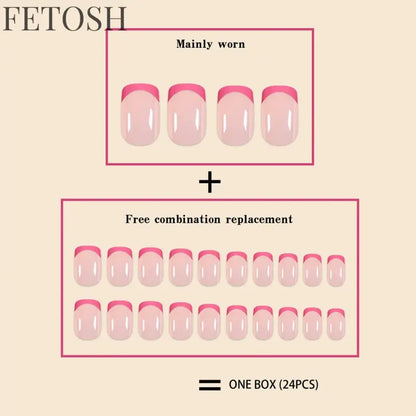 24Pcs/Set Women Girls Short French Light Blue Pink Dual Color Glossy Surface Full Coverage Wearable Fake Nail Press on Nail Art