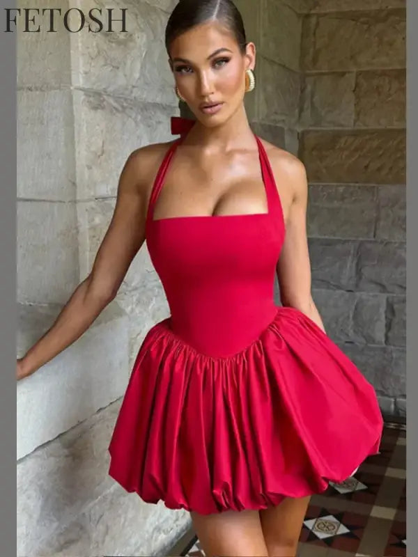 Sexy Lace-up Backless Pleated Halter Mini Dress Women Fashion Off Shoulder Puff Hem A-line Dresses 2025 Summer Lady Partywear