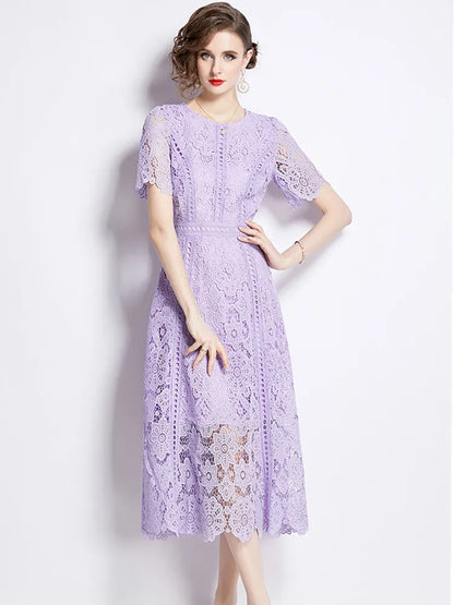 JAMERARY Vintage Holiday Lace Hollow Out Prom Dress For Women's Summer Slim Elegant Short Sleeve Long Dress Female Clothing
