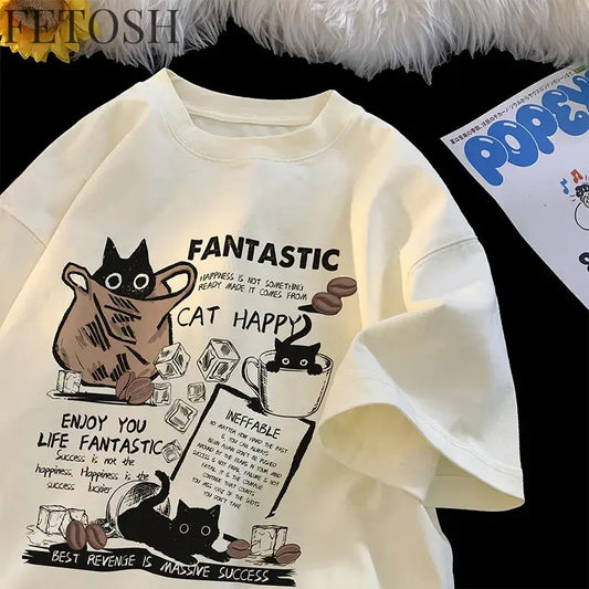 New Men Women T Shirt Pullover Oversize Korean version Cartoon Cat Group Printed T-Shirt Casual Short Sleeve Couples T-Shirt