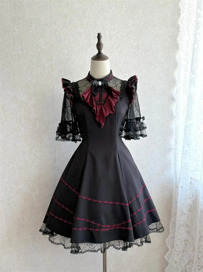 2025 Japanese Sweet Lolita Kawaii Dress Women Spring Printed Bow Fake Two Piece Dress Female Korea Style Design Party Clothing