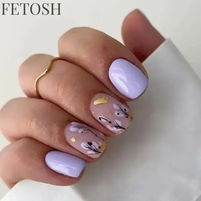 24Pcs Simple Square False Nails Short French Fake Nails Press on Colorful Flowers Design Full Cover Nail Tips Manicure Tools
