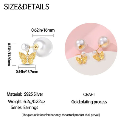 Women's 925 Sterling Silver Classic Gold Pearl Inlaid Earrings Elegant Suitable For Engagement Wedding Party Exquisite Jewelry