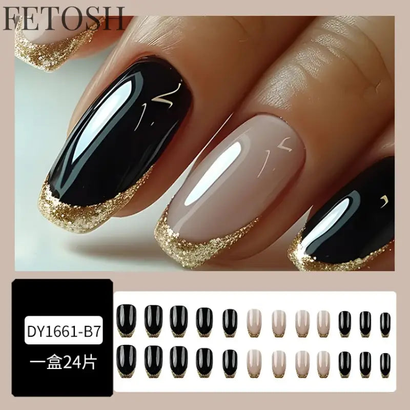 24Pcs Glossy Square Fake Nails Set Gold Powder Full Cover French False Nails Glitter Vintage Press on Acrylic Nail