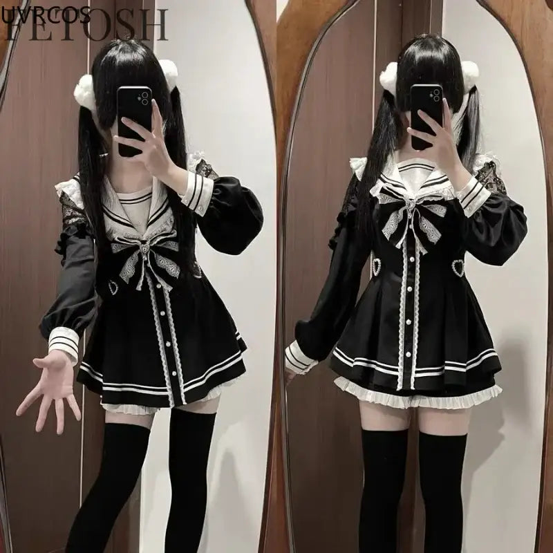 Japanese Style Gothic Y2k Lolita Bow Dress Shorts Set Women Vintage Sweet Long Sleeve Button Shirt Party Dresses Slim